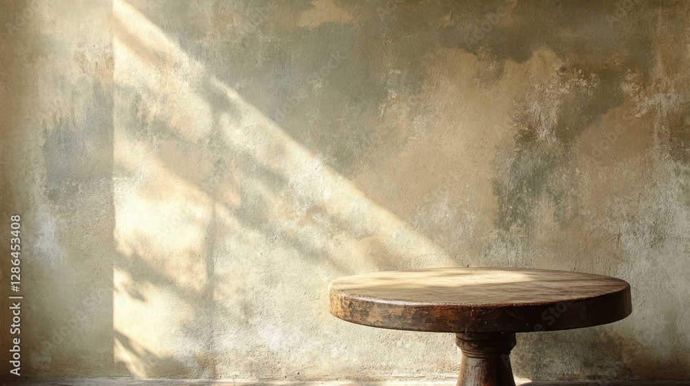 Poster a small wooden table is positioned in a room against a wall, creating a cozy and functional space fo