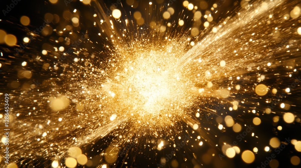 Poster a close-up view of a shimmering gold sparkle texture set against a contrasting black background, cre