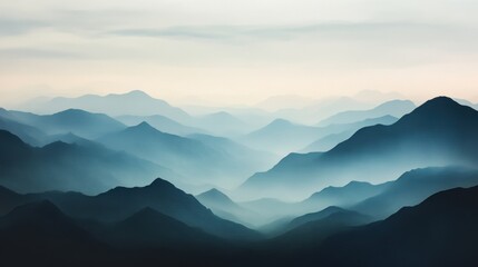 Fototapeta premium Mountain landscape with layers of mist and fog, panoramic view of serene peaks, natural backdrop for travel, adventure, and relaxation themes.