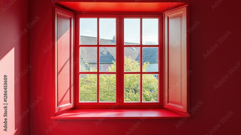 Poster a vibrant red window with a matching frame is set against a striking red wall, creating a bold and u