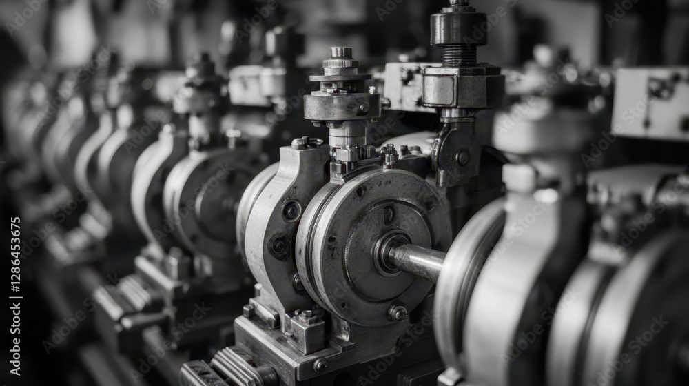 Poster a close-up view of an intricate machine featuring numerous valves, showcasing its complex engineerin