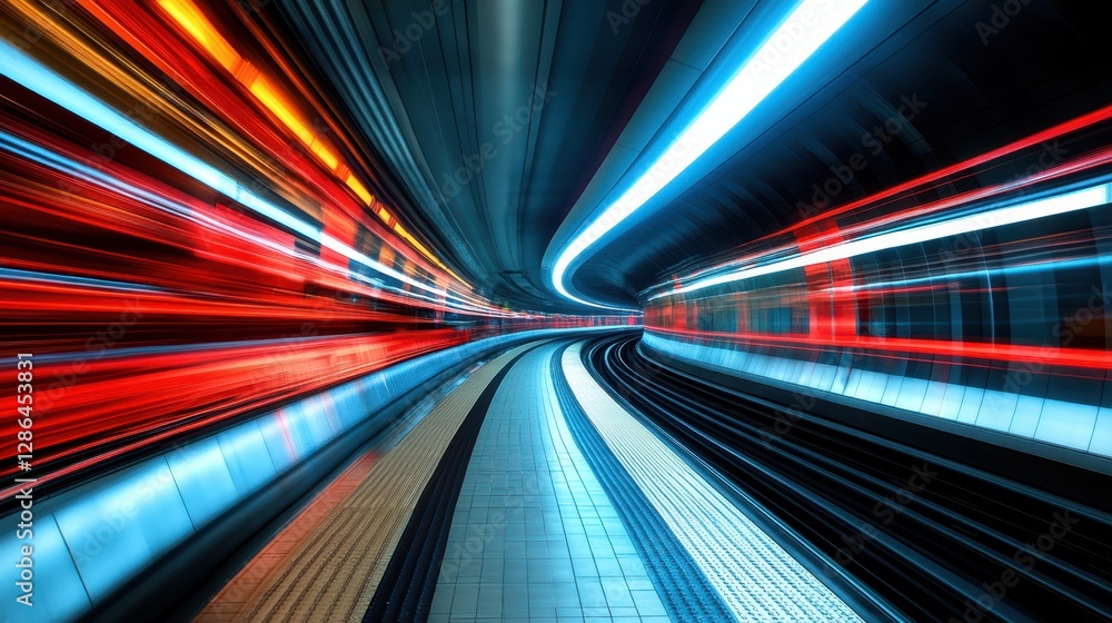 Poster a dynamic image of a train navigating through a dark tunnel illuminated by bright lights, showcasing