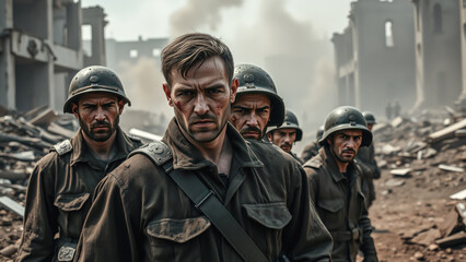 Fototapeta premium Cinematic of World War II soldiers. Military operation and War Concept. Generative Ai.