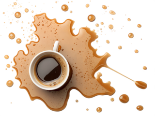 A top view of a coffee cup with a dramatic spill and splashes spreading outward, creating an artistic abstract pattern, isolated on white background