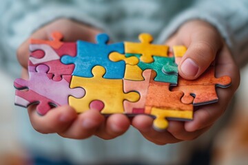 A child holds colorful jigsaw puzzle pieces, showcasing creativity and focus.