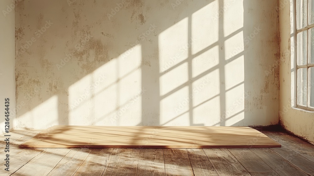 Poster a cozy room features a polished wooden floor illuminated by natural light streaming through a large 