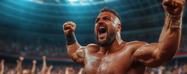 Experience the thrill of ancient combat with this striking image showcasing a Fierce gladiator in a Colosseum arena, raising his weapon as the crowd cheers Witness the raw power, determination, and