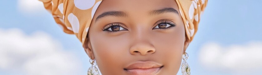 Experience the vibrant beauty of Africa with this stunning portrait of a young African model, exuding confidence and grace She embodies a bold and regal spirit, adorned with a traditional scarf and