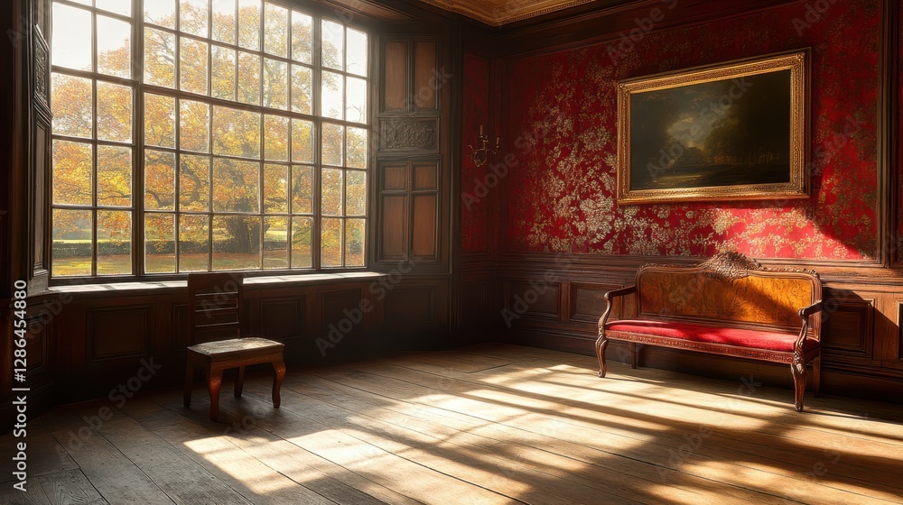 Poster a vibrant red wall showcases an artwork, complemented by a bench positioned in front of a window, cr