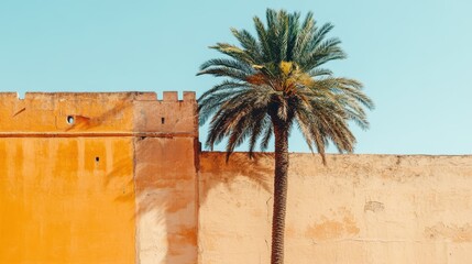 A palm tree stands prominently before a textured wall, with a modern building visible in the background, creating a tropical urban scene.