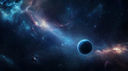 Obraz premium Cosmic Landscape with Blue Planet and Nebula Wallpaper Background