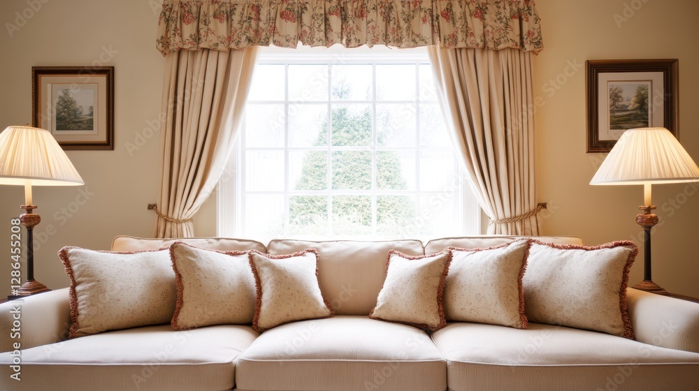 Poster a cozy arched couch adorned with pillows and illuminated by lamps, positioned elegantly in front of 
