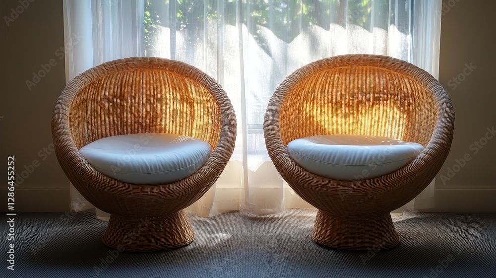 Poster two stylish wicker chairs with plush white cushions are positioned elegantly in front of a bright wi