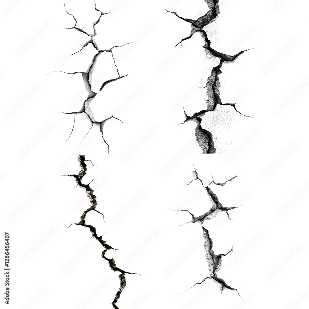 Poster set of crack patterns with jagged edges, isolated on transparent cutout background