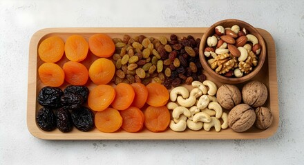 Una bandeja de madera con orejones, pasas, anacardos, nueces y un plato de nueces mixtas, colocada sobre una superficie blanca texturizada