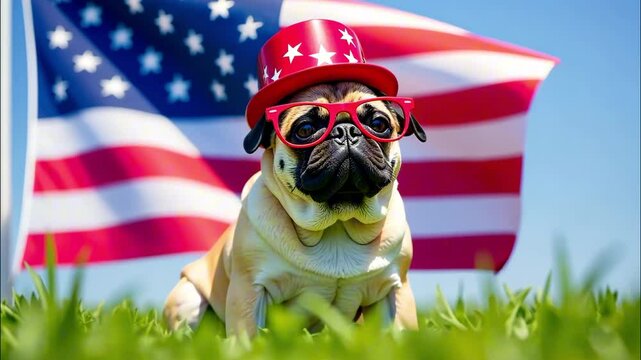 Cute pug in patriotic hat enjoys sunny day with american flag waving in the background