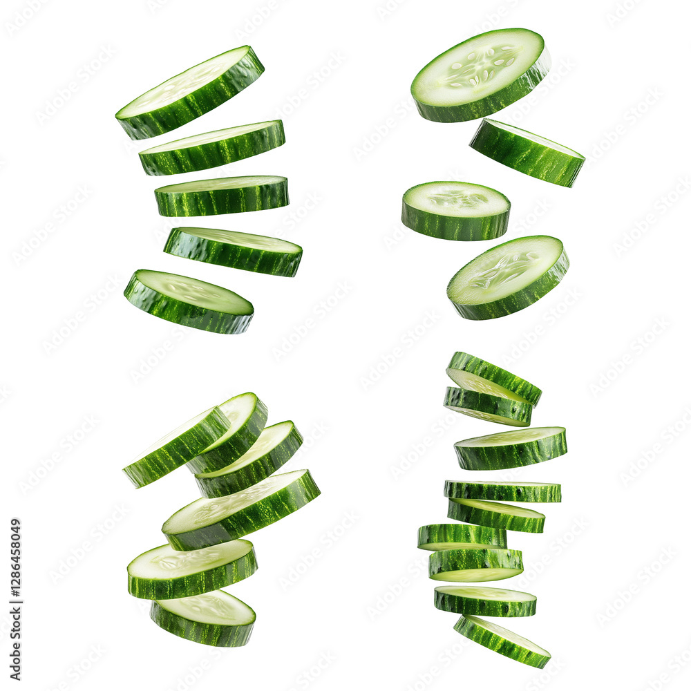 Poster set of sliced cucumber pieces floating in the air, isolated on transparent cutout background