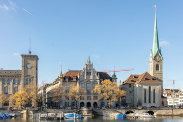 Zurich. Fraumünster Church and clock tower in Old Town Altstadt. Switzerland