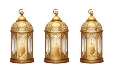  Set of three vector golden Ramadan lanterns with candles, isolated on a transparent background png  (3)