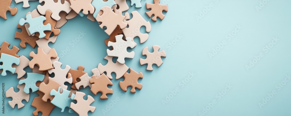 Poster visualize a group of diverse professionals joining puzzle pieces, representing unity, problem-solvin
