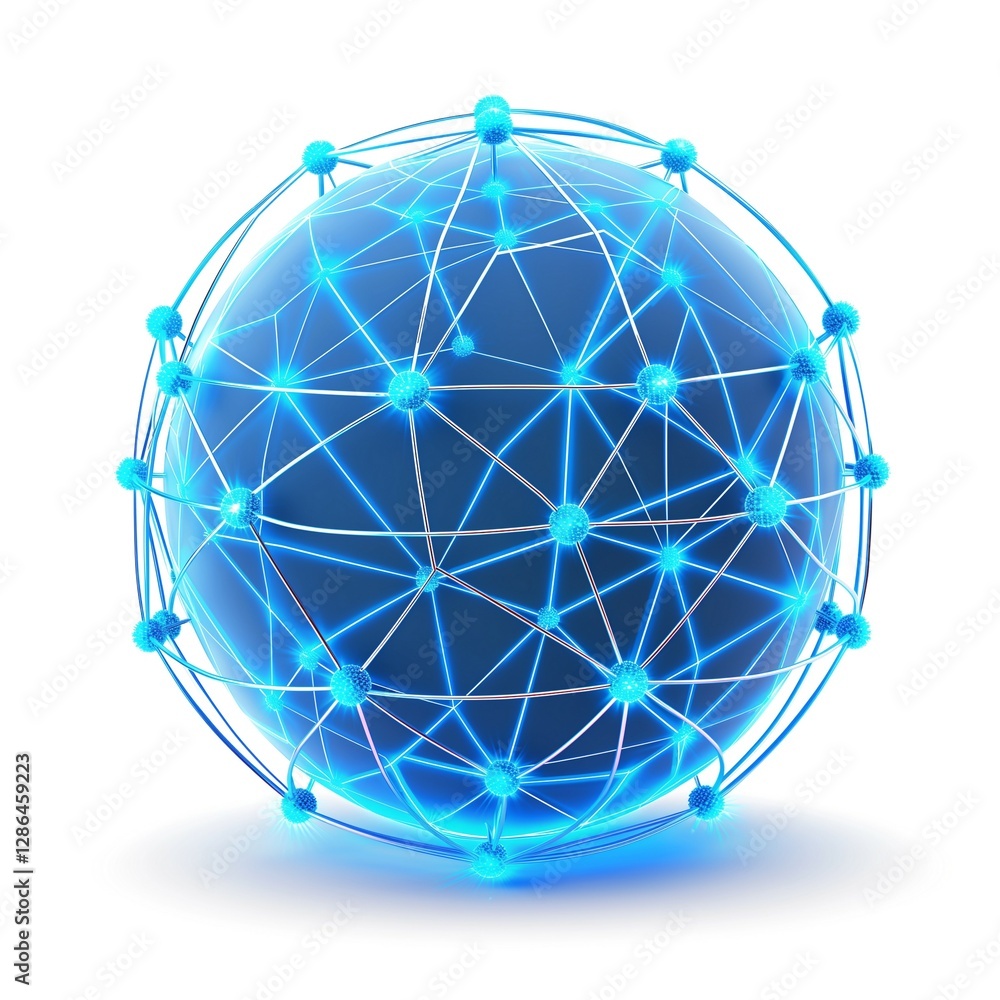 Poster a futuristic, glowing blue globe interconnected with illuminated lines and nodes, representing globa