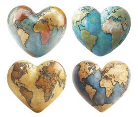 Set of heart-shaped world globes with vintage map designs, isolated on transparent cutout