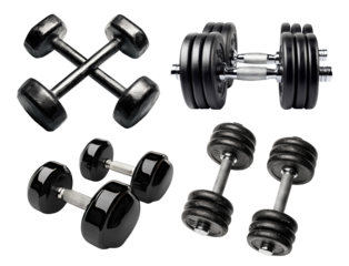 Set of black metal dumbbells for weight training, isolated on transparent cutout background