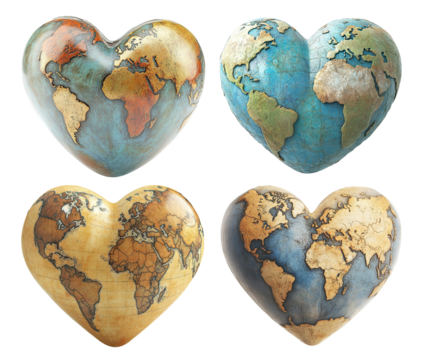 Set of heart-shaped world globes with vintage map designs, isolated on transparent cutout