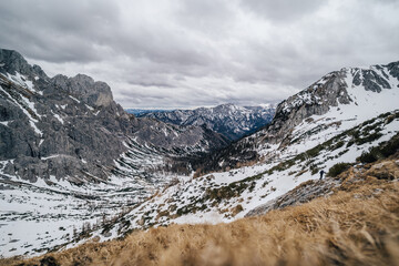 Winter mountain landscape of Hochschwab mountains, Austria. Winter rocky landscape.