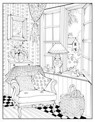Illustration of a charming ancient room interior with an armchair near an open window. Page for coloring book. Black and white drawing. French architecture. Hand drawn vector.