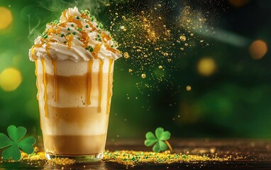Flying vanilla frappuccino with golden whipped cream and caramel drizzle St Patrick Day
