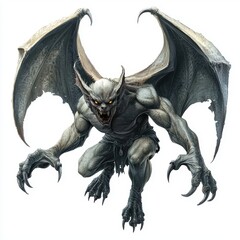 Fototapeta premium Gargoyle-inspired winged demon with sharp talons and menacing glowing eyes, ready to attack, isolated on white