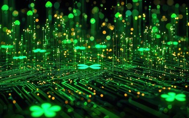Obraz premium Futuristic glowing green circuit board design with subtle clovers for Saint Patricks Day