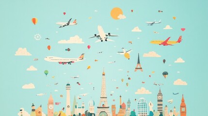 Creative family travel background, colorful collage of airplanes, landmarks, and happy family moments, playful and dynamic,