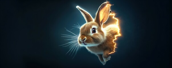 Obraz premium A curious bunny bursts through a glowing hole in a dark wall. The dramatic lighting and electric sparks create a surreal and powerful visual, blending fantasy with striking realism.