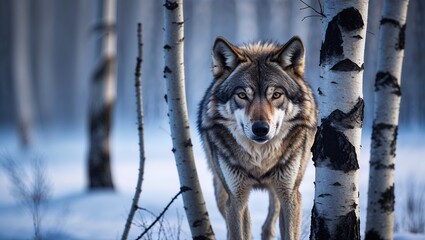 Fototapeta premium Wolf Peeking from Behind Birch Tree in Snowy Forest ,habitat, serene