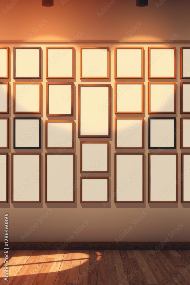 Poster wall of picture frames in gallery. empty frames ready for art or photos display.