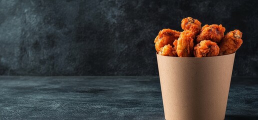 Photo of a cardboard cup filled with crispy chicken wings on a dark background, front view shot. Web banner with copy space on the right. 
