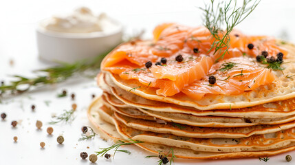 Yellow stuffed pancakes with mushrooms and sour cream ,raw salmon fillet isolated on white with rosemary