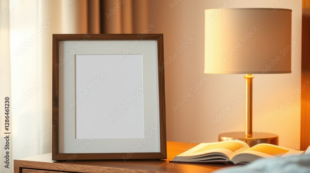 Poster a framed blank canvas sits on a bedside table, illuminated by a soft lamp, creating a peaceful scene