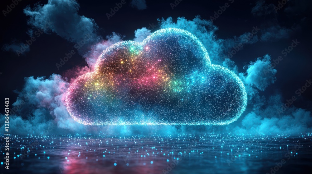 Poster glowing cloud computing illustration with colorful lights and cloud background