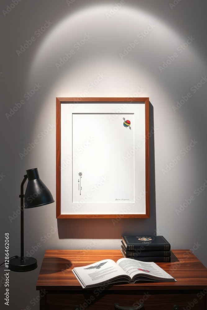 Poster framed art on a desk features playful imagery, lit by a lamp. books and an open book add visual dept