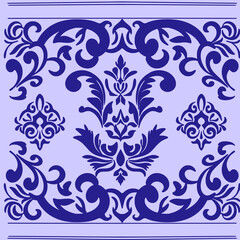 A decorative pattern featuring intricate blue floral designs on a light purple background, ideal for textiles or wallpapers.