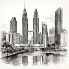 Fototapeta premium an AI Image Generator, Black and White Drawing of Modern Cityscape