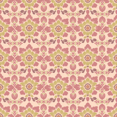 A decorative floral pattern featuring pink and green flowers on a light background, creating a vintage and elegant aesthetic.
