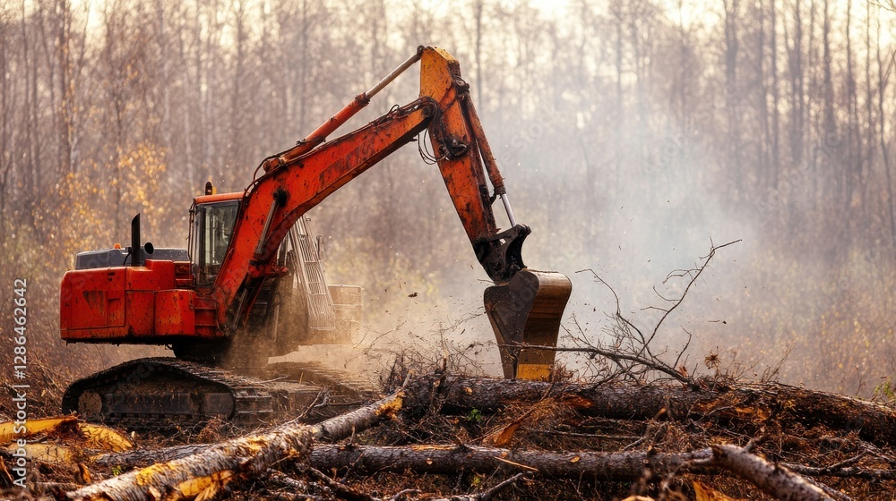 Poster excavator working on logging site amidst dust and fallen trees in forest environment