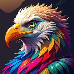 Vibrant Eagle Portrait – Psychedelic Feathers, Rainbow Hues, and Fierce Yellow Eye in Abstract Fantasy Art

