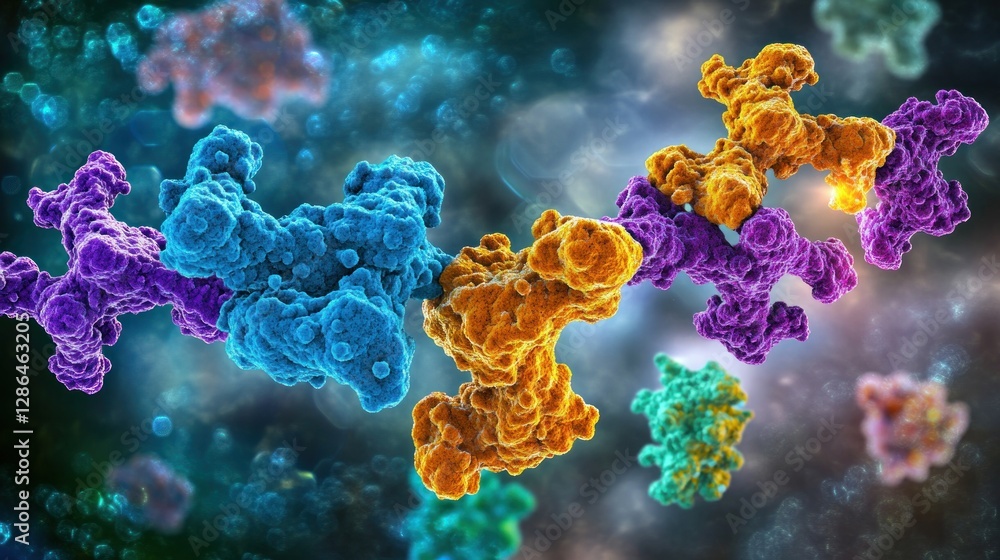 Poster molecular structure visualization of protein molecule with abstract colorful background