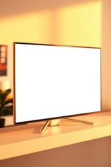 Fototapeta premium Sleek flat-screen display on a shelf, glowing with warm light and a minimalistic aesthetic. Modern design.