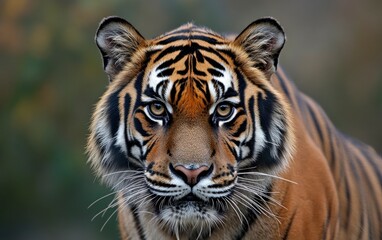 Fototapeta premium A close-up of the eyes and stripes on an adult tiger's face, with detailed fur texture and intense yellow gaze. 